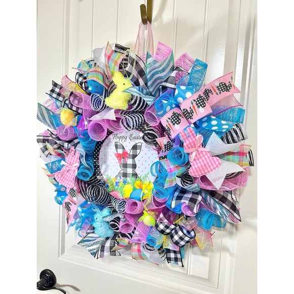 Handmade Spring Happy Easter Bunny Prelit Ribbon Wreath 22 in LED W17 - Picture 2 of 7